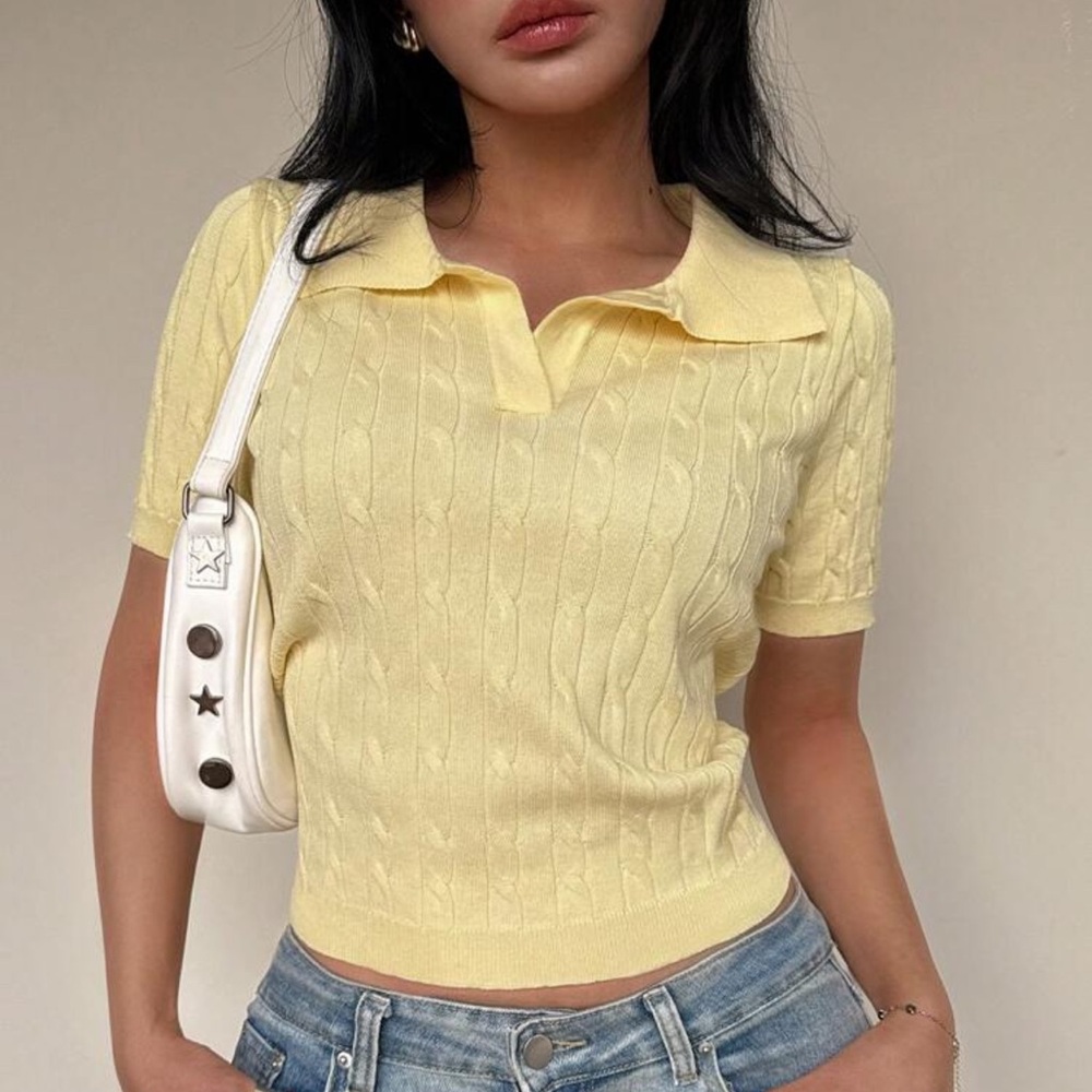 Flirla Twist Detail Polo Collar Yellow Knitted Top, Minimalist Fashion Casual